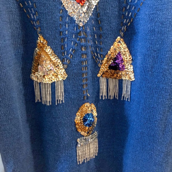 Vintage 80s Sequin Blue Sweater Dress - Picture 4 of 16